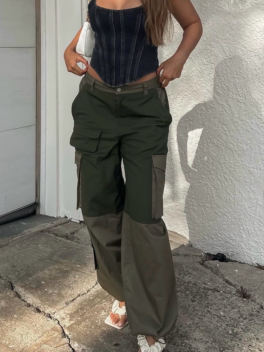 AFRM High-Waist Two-Tone Cargo Pants in Olive Green